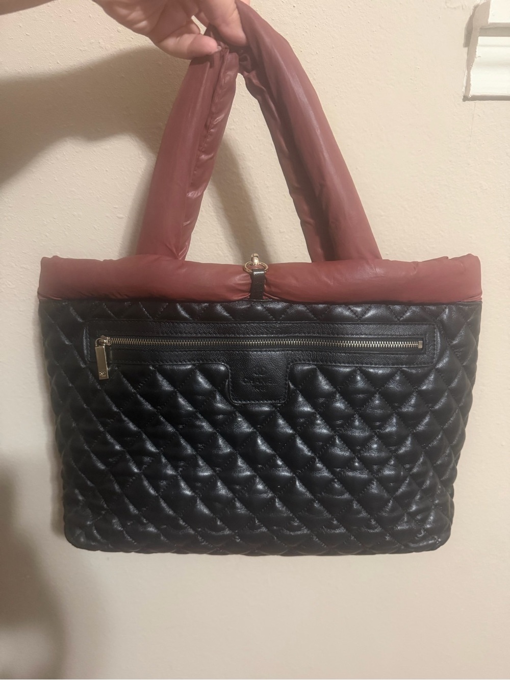 CC Leather Quilted Black and Burgundy Tote Bag - Ladies Shoulder Handbag
